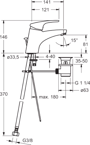 HA Einhebelmischer Waschtischbatterie HANSAMIX 0109 Zugstangenablaufgarnitur Ausladung 141 mm DN15 Chrom