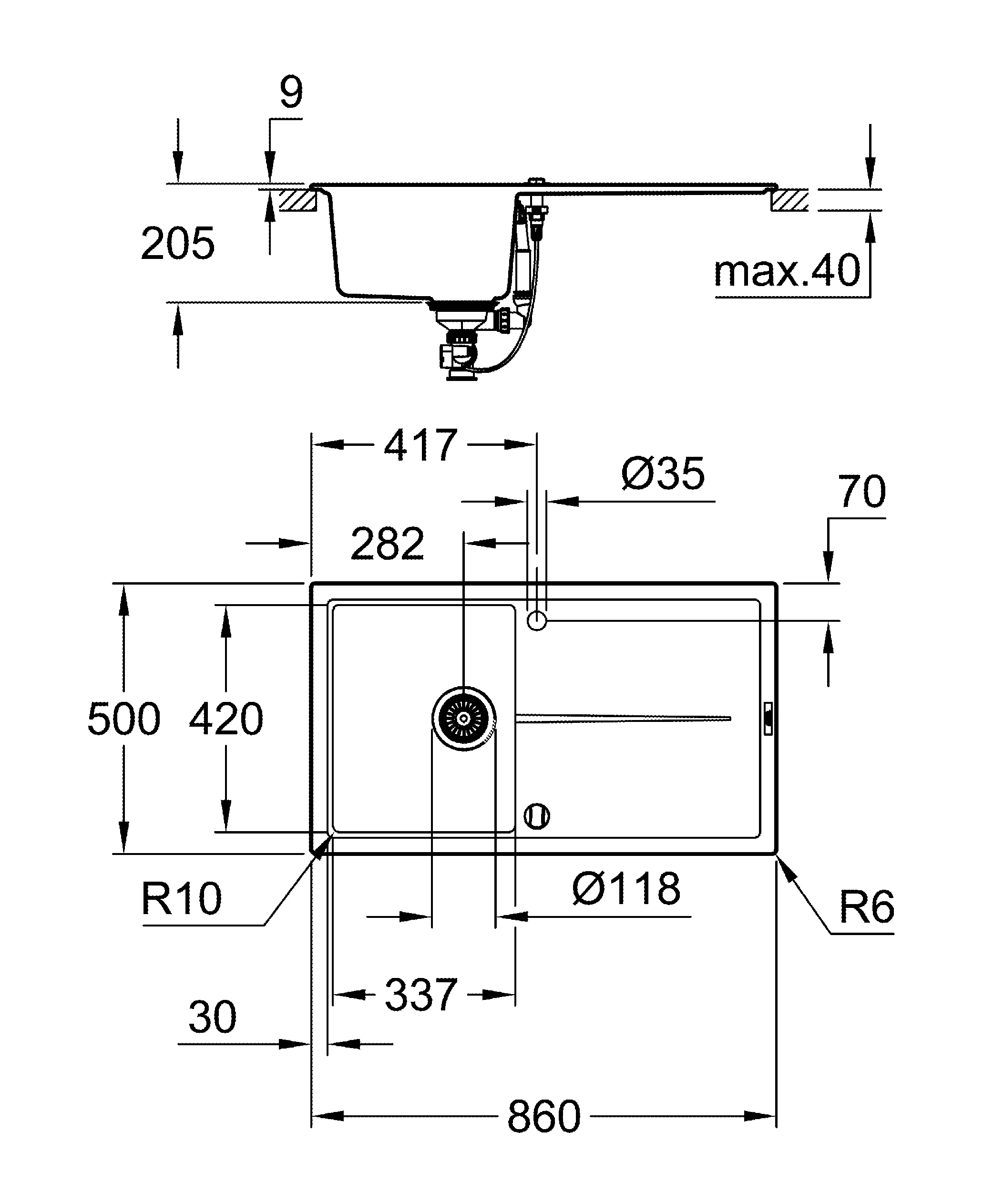 Kompositspüle K400 31640, mit Abtropffläche, Modell: K400 50-C 86/50 1.0 rev, Montageart: Standard-Einbauspüle, Maße: 860 x 500 mm, 1 Becken: 337 x 420 x 205 mm, granit schwarz