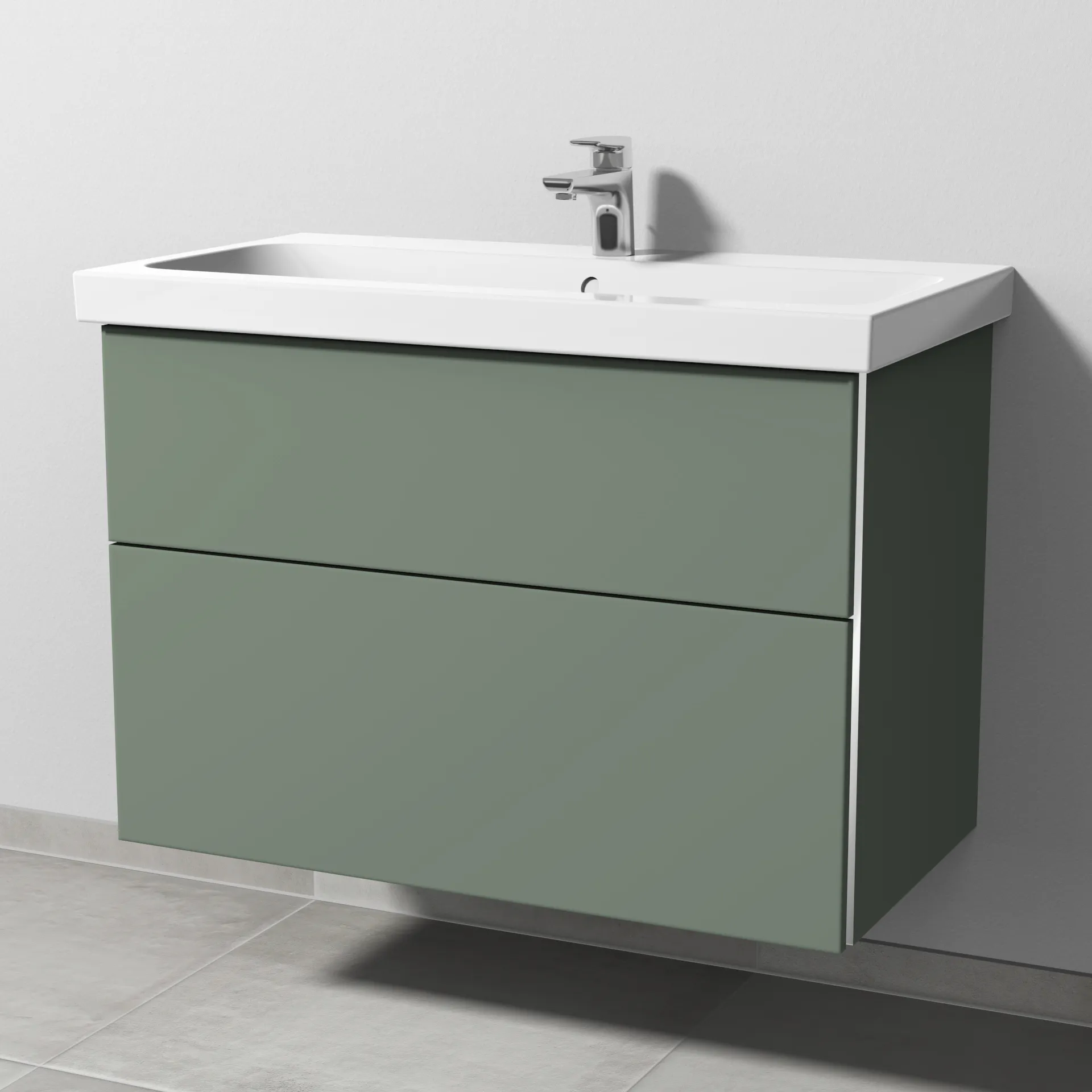 Sanipa Waschtischunterschrank „3way“ passend zu Keramik-Waschtische iCon Light von Geberit 850 × 591 × 462 mm in Soft-Green, Becken mittig, mit