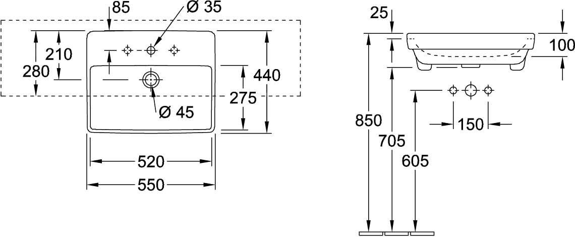 Villeroy & Boch Vorbauwaschbecken „Avento“ 550 × 440 × 145 mm, mit Hahnlochbohrung, Hahnlochposition mittig in Weiß Alpin Villeroy & Boch Vorbauwaschbecken „Avento“ 550 × 440 × 145 mm, mit Hahnlochbohrung, Hahnlochposition mittig in Weiß Alpin