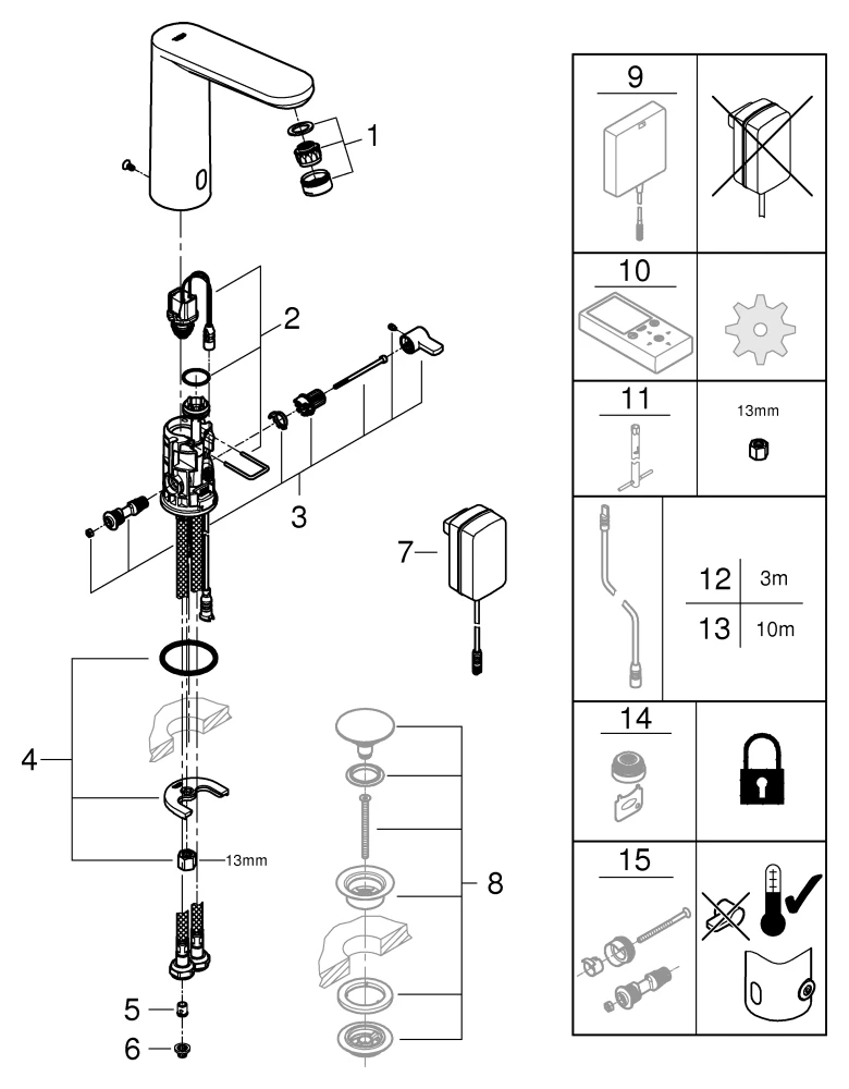 Infrarot-Elektronik für Waschtisch Eurosmart CE 36421_1, L-Size, mit Mischung, Steckertrafo 230V, Armaturengruppe I, Schutzart IP 59