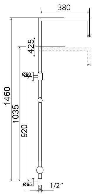 Standbrausegarnitur AqvaShower 1/2″ - Brausebogen 90° × 90° - Metalleffekt-Brauseschlauch 1600 mm × 1/2″ × 1/2″ 1 Konus - Metall-Verbindungsschlauch 600 mm × 1/2″ × 1/2″ - Halter mit keramischem Umsteller - chrom