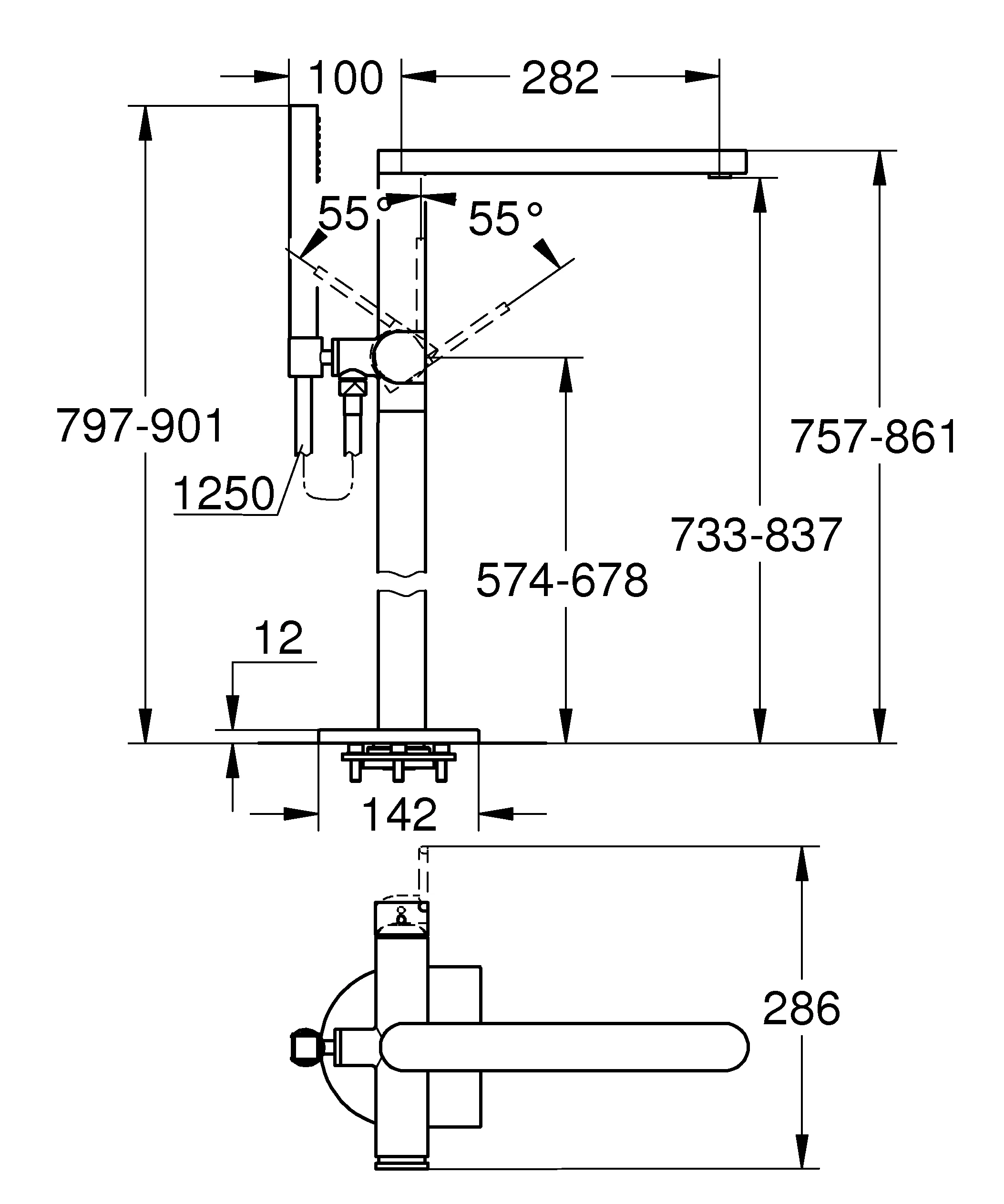 Einhand-Wannenbatterie Plus 23846_3, Bodenmontage, Fertigmontageset für 45984, mit Handbrauseset und Brauseschlauch, eigensicher