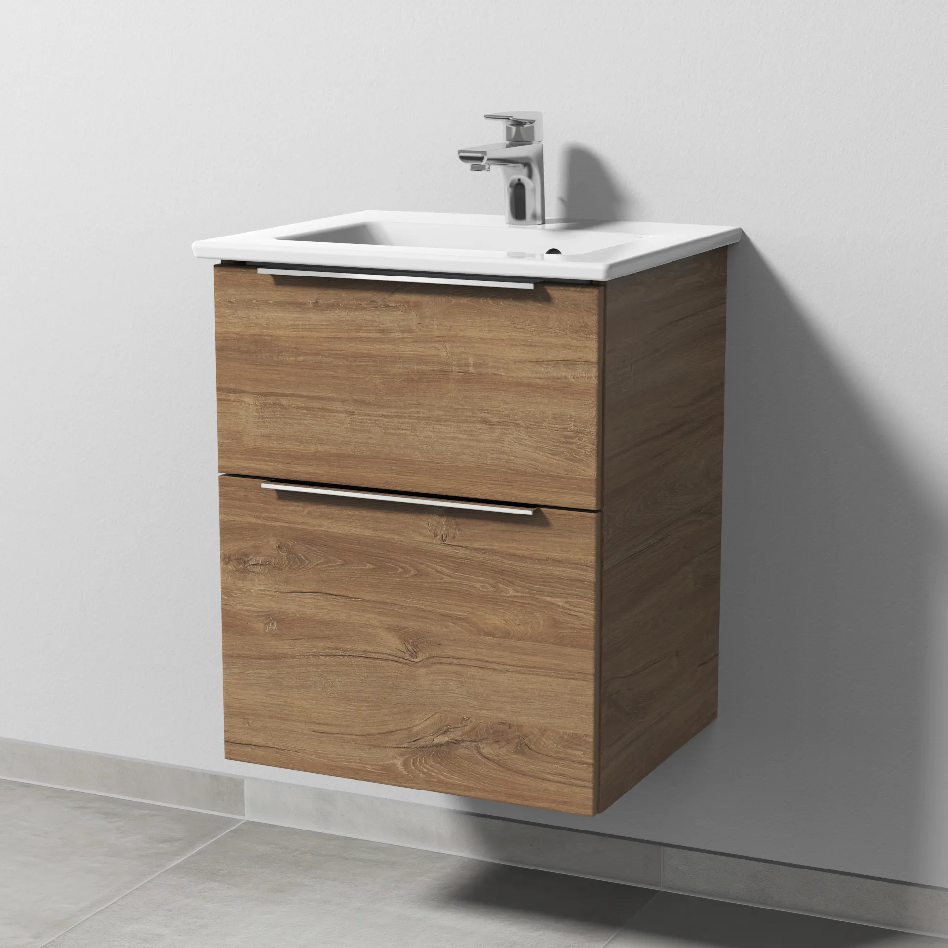 Sanipa Keramik-Waschtisch-Set mit Waschtischunterschrank „3way“ 46,5 × 40,1 × 59,1 cm in Eiche Kansas, mittig