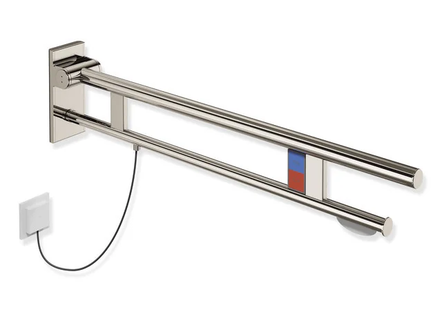 HEWI Stützklappgriff Duo System 900, Design A, Edelstahl PVD nickelglänzend, Ausladung 900 mm, mit WC-Papierhalter und Spül-/Funktionstasten (E-Ausführung), links HEWI Stützklappgriff Duo System 900, Design A, Edelstahl PVD nickelglänzend, Ausladung 900 mm, mit WC-Papierhalter und Spül-/Funktionstasten (E-Ausführung), links