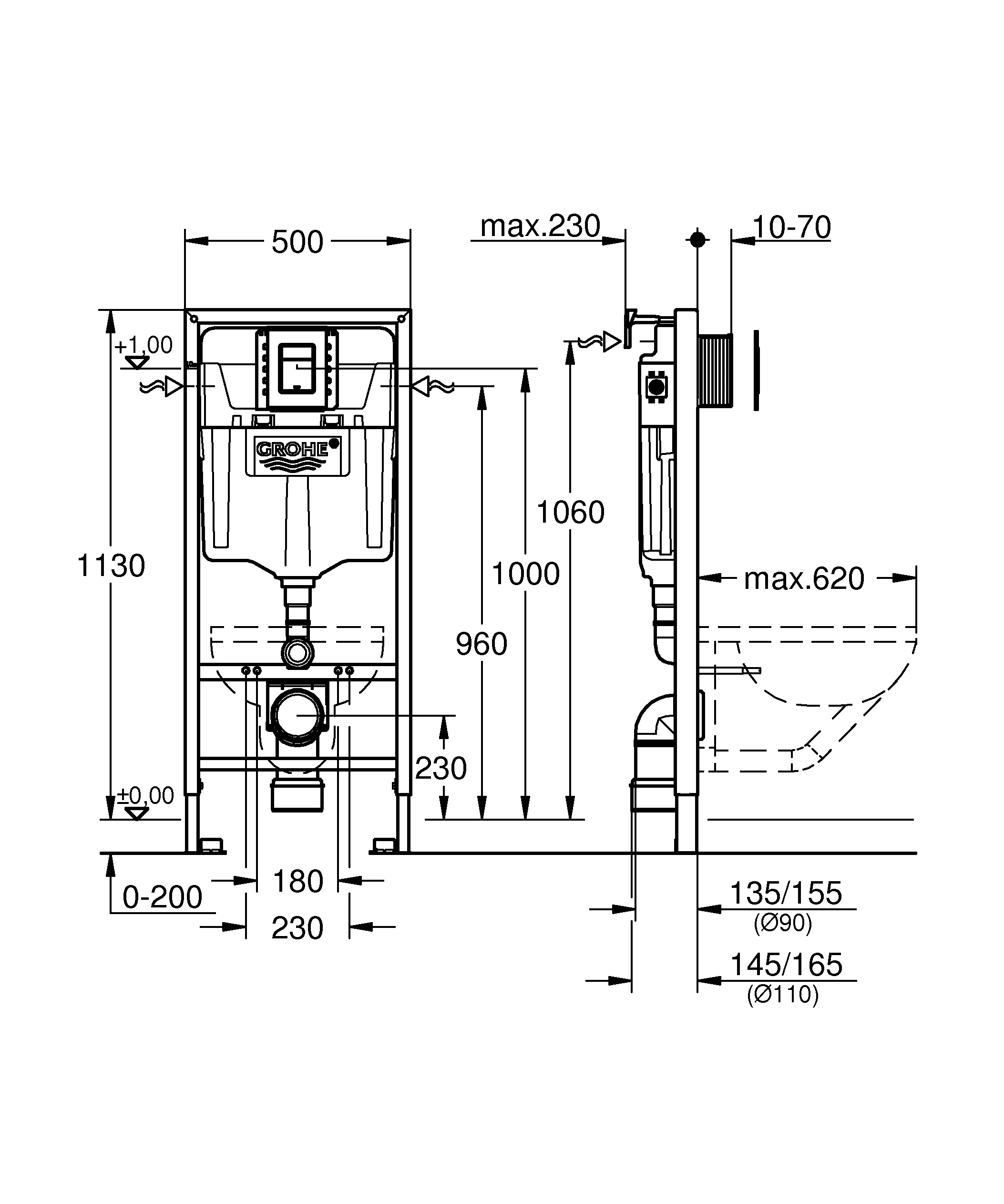 3-in-1 Set für WC Rapid SL 39501, mit Element für WC 1,13 m Bauhöhe, WC-Betätigung Skate Cosmopolitan S in chrom, Wandwinkel, kleiner Revisionsschacht