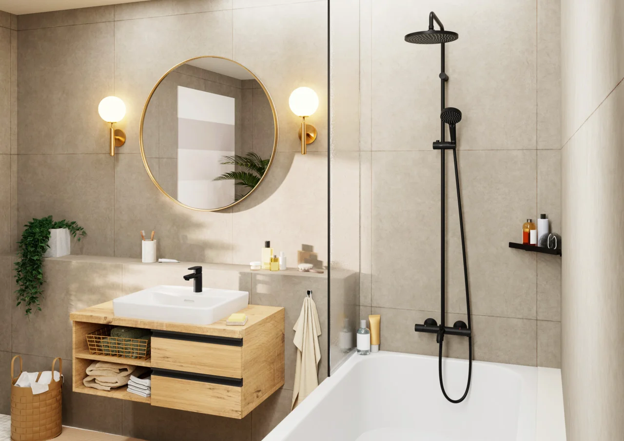Hansgrohe Vernis Blend Showerpipe 240 1jet mit Wannenthermostat, mattschwarz, Aufputzinstallation, DN15, G 1/2, 150 ± 12 mm