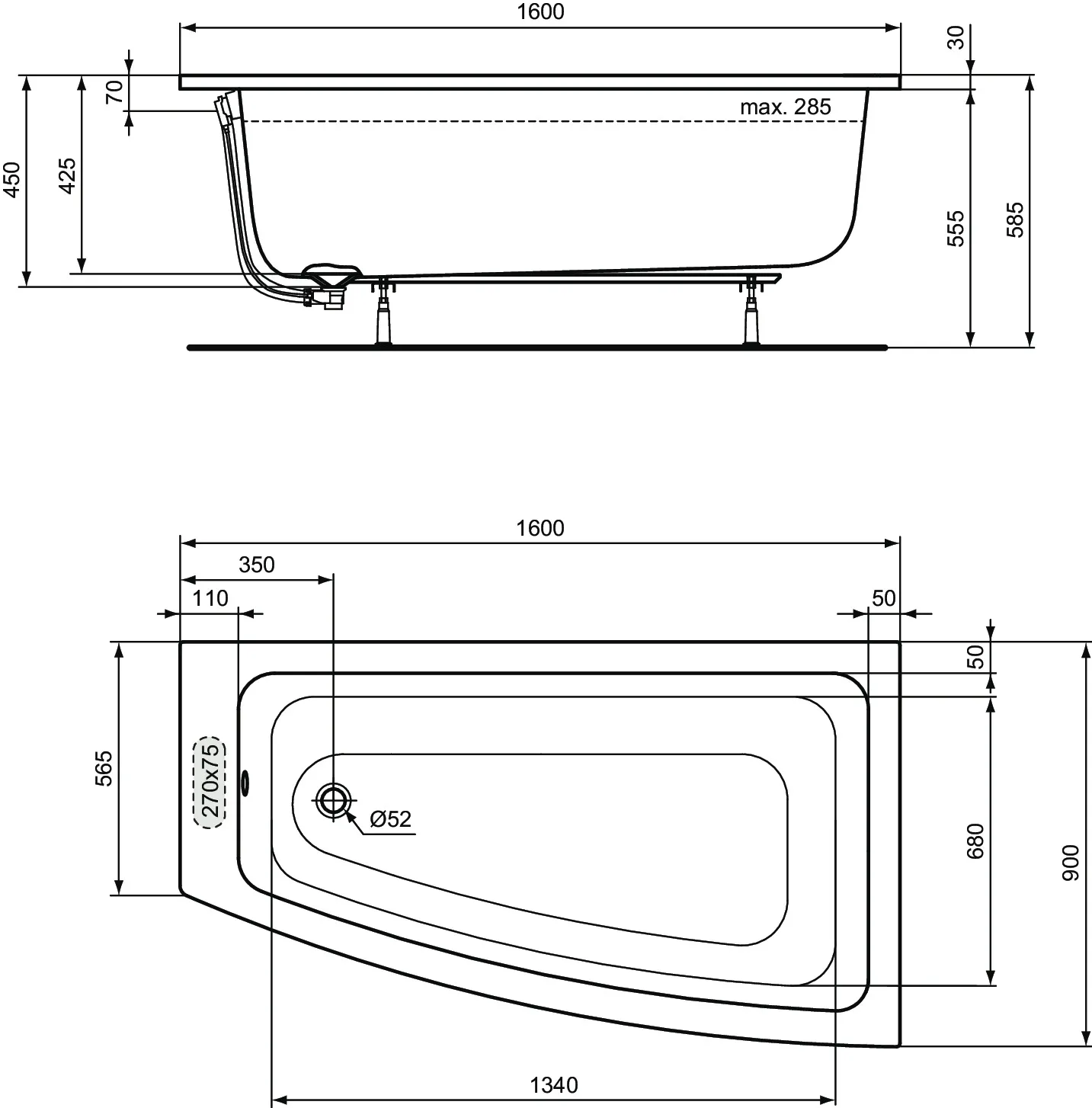 Ideal Standard Badewanne „i.life“ 90 × 160 cm