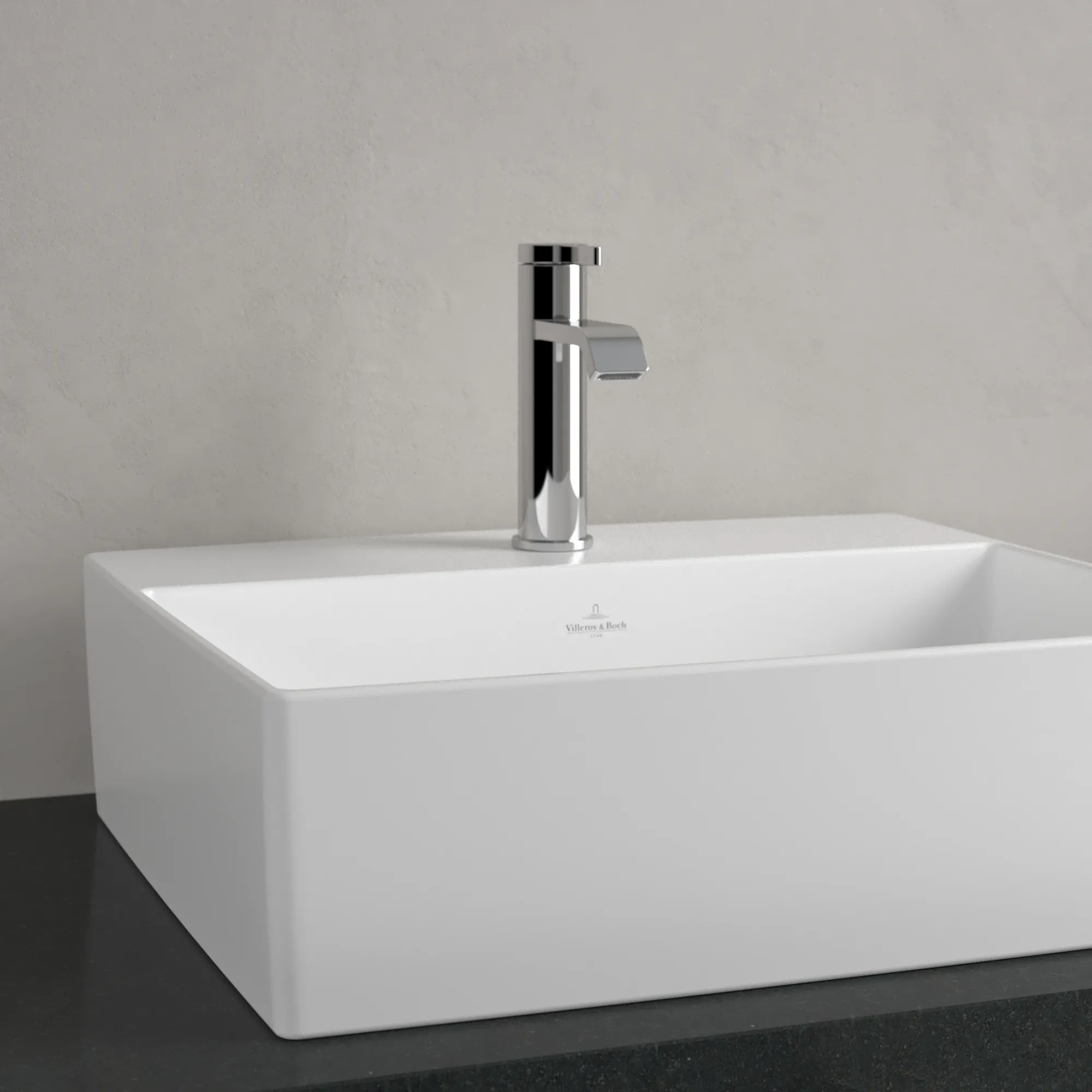 Villeroy & Boch Aufsatzwaschtisch aus TitanCeram „Memento 2.0“ 498 × 420 × 139 mm, mit Hahnlochbohrung, Hahnlochposition mittig in Stone White