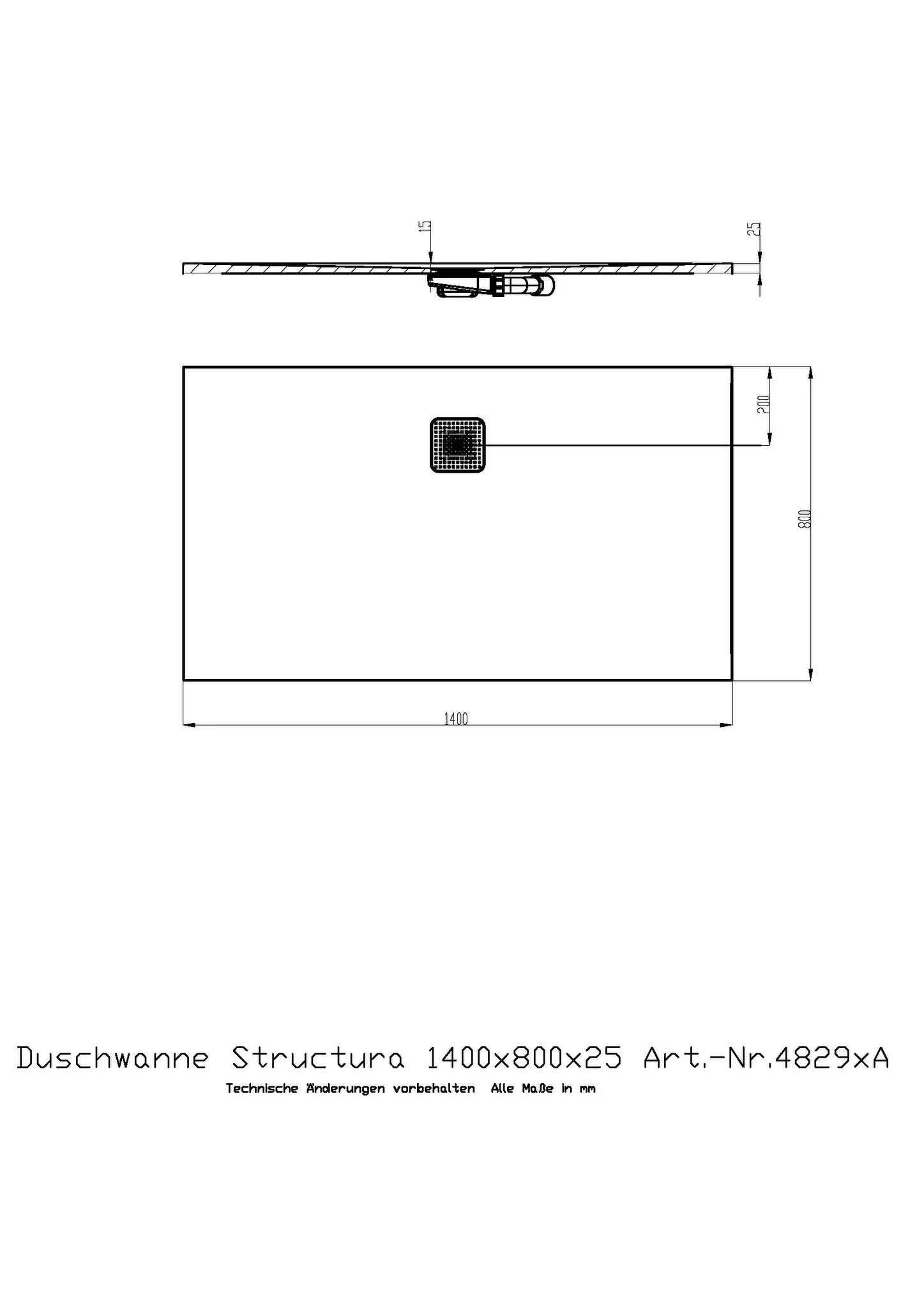 Duschwanne Structura 1400x800x25 in gesoftete Schieferoptik, mit Antirutsch B, Material Solique, Weiß