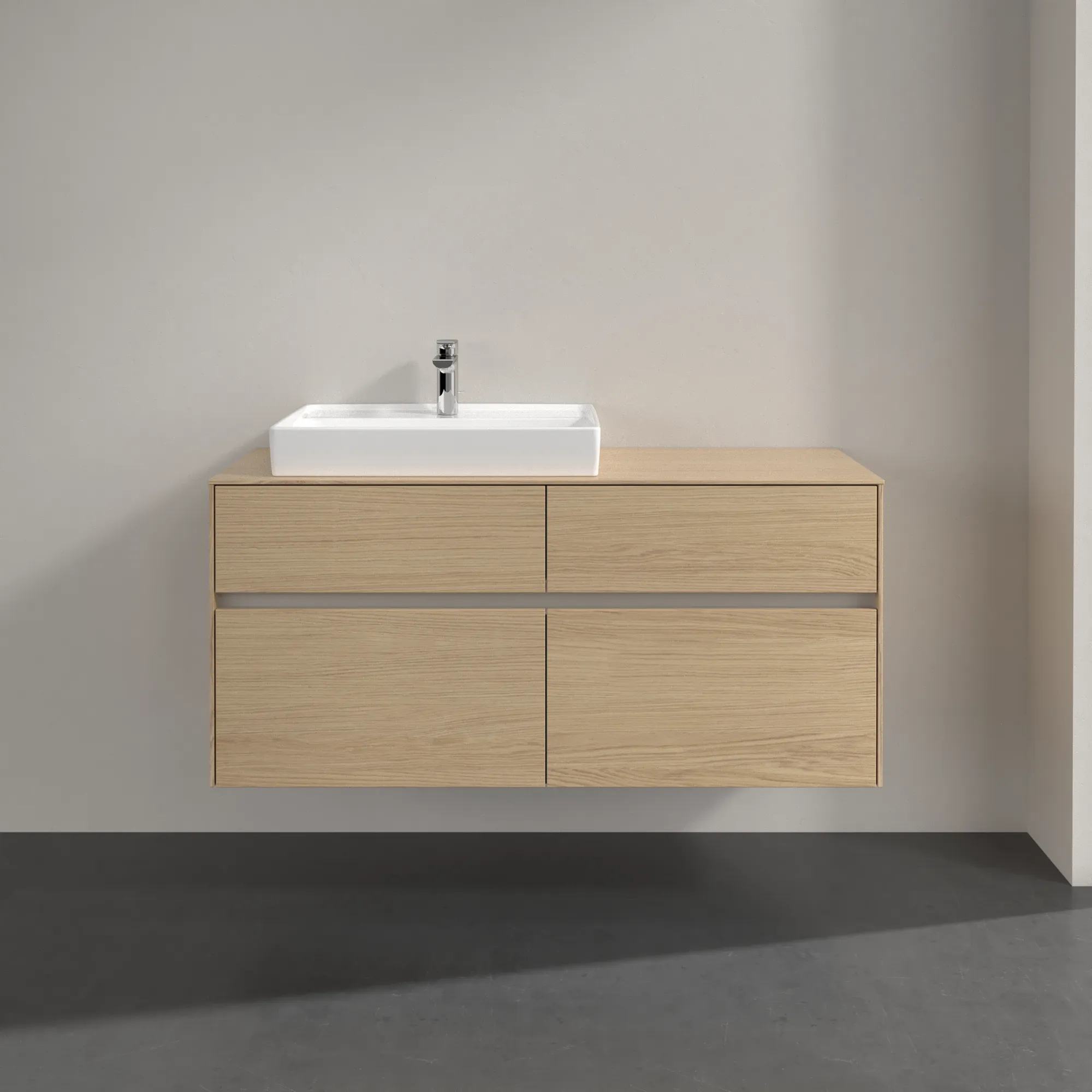 Villeroy & Boch Waschtischunterschrank „Collaro“ 1200 × 548 × 500 mm Nordic Oak, mit Beleuchtung, für Becken links Villeroy & Boch Waschtischunterschrank „Collaro“ 1200 × 548 × 500 mm Nordic Oak, mit Beleuchtung, für Becken links
