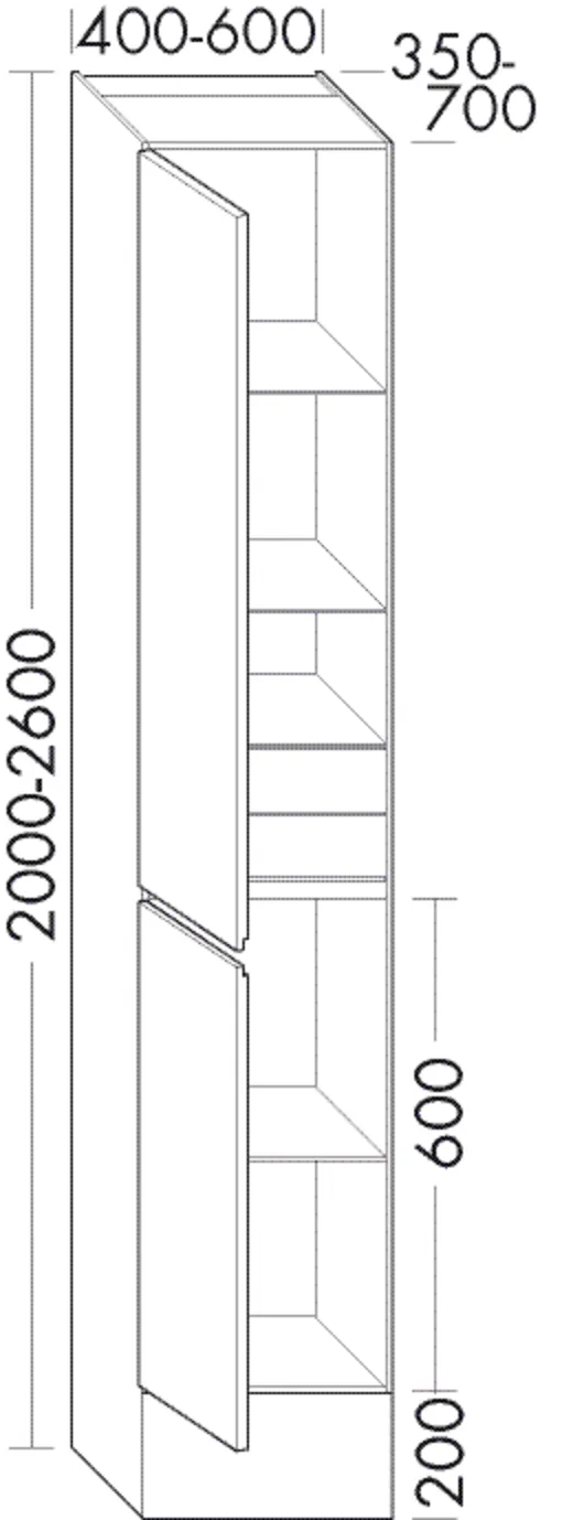Hochschrank, 2 Türen;2 Innenschubladen inkl. Tip-on;3 Glaseinlegeböden;1 fester Boden;1 Sockel, Tiefe: 400 mm, Breite: 600 mm, Höhe: 2000 mm