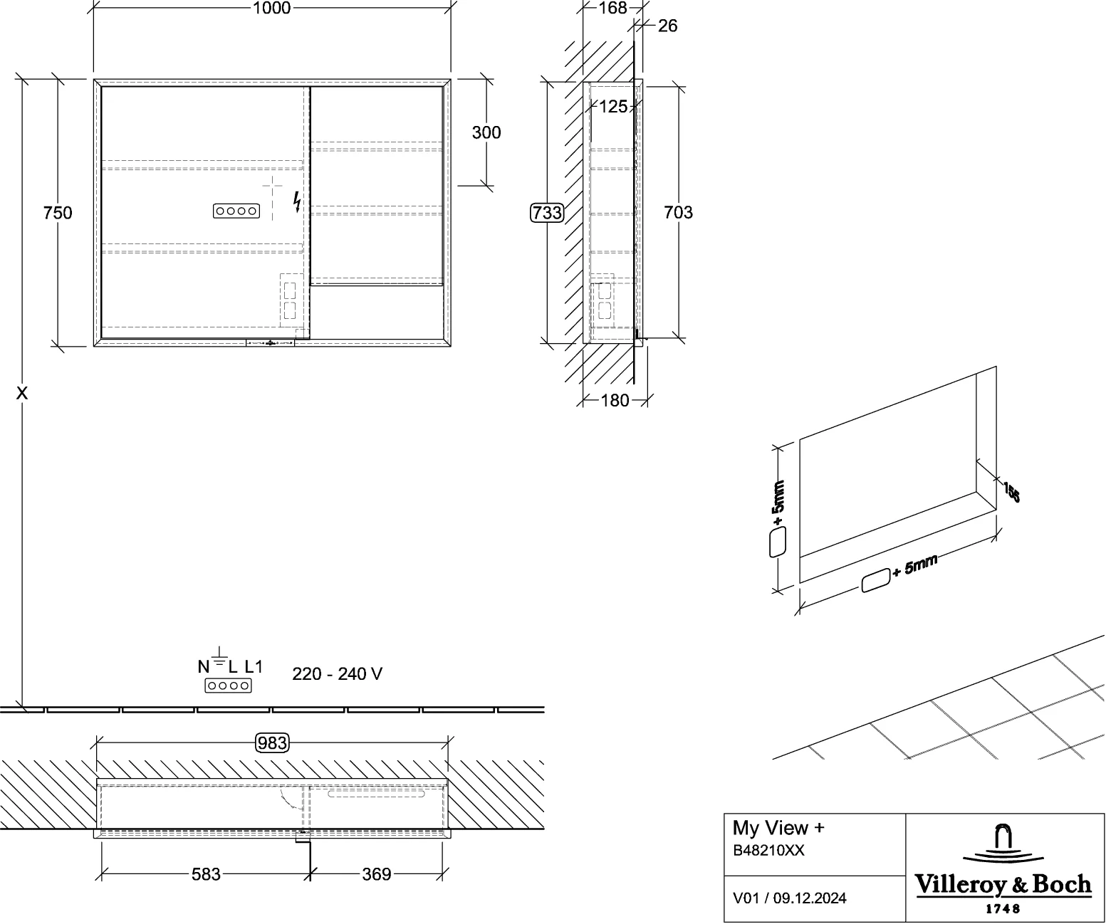 Villeroy & Boch Einbau-Spiegelschrank My View+ B48210, 1000x750x168mm, LED-Beleuchtung, Volcano Black