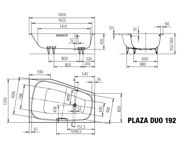 Kaldewei Badewanne „Plaza Duo“ trapez fünfeck 180 × 120 cm, links, ohne Grifflochbohrungen in alpinweiß