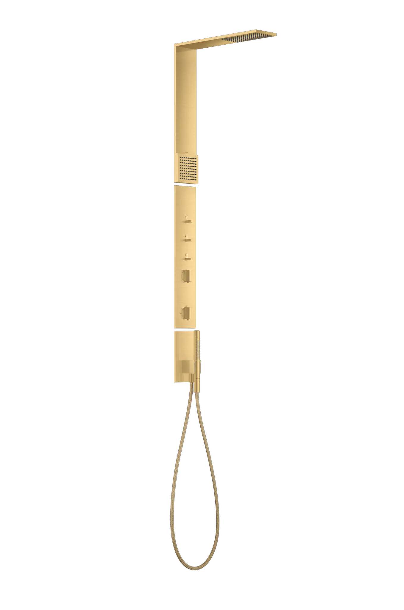 Hansgrohe AXOR ShowerComposition Duschpaneel mit Thermostat, Brushed Gold Optic, Brausekopfgröße 110 x 220 mm, Ausladung 425 mm Hansgrohe AXOR ShowerComposition Duschpaneel mit Thermostat, Brushed Gold Optic, Brausekopfgröße 110 x 220 mm, Ausladung 425 mm