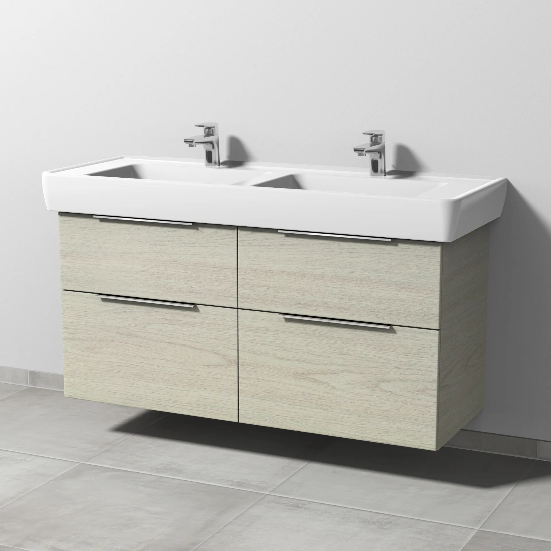 Sanipa Waschtischunterschrank „3way“ passend zu Keramik-Waschtische Pro A von Laufen 1200 × 588 × 447 mm in White Oak, mit Hahnlochbohrung