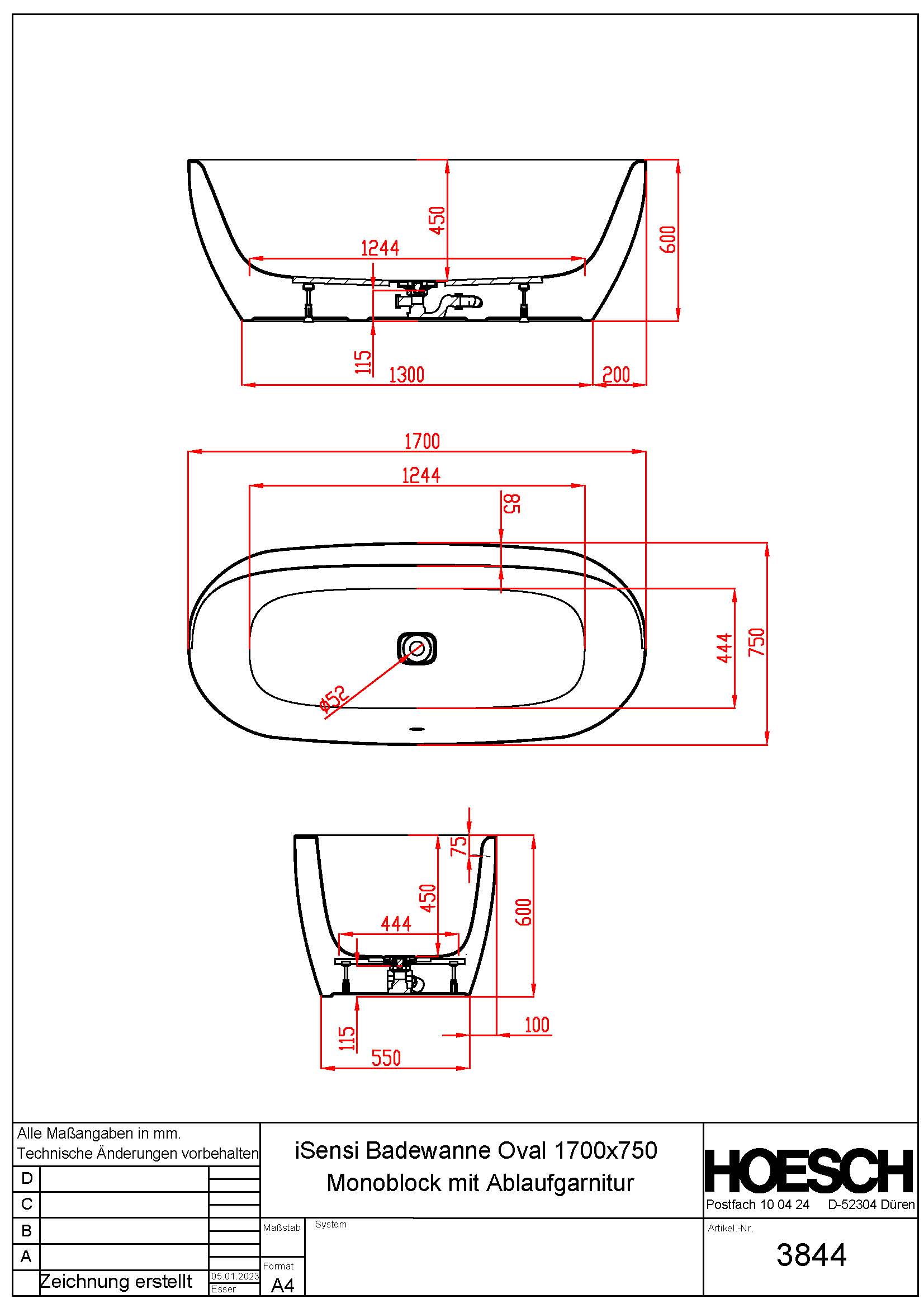Badewanne iSensi Oval 1700x750 (Monoblock) mit Ablaufgarnitur