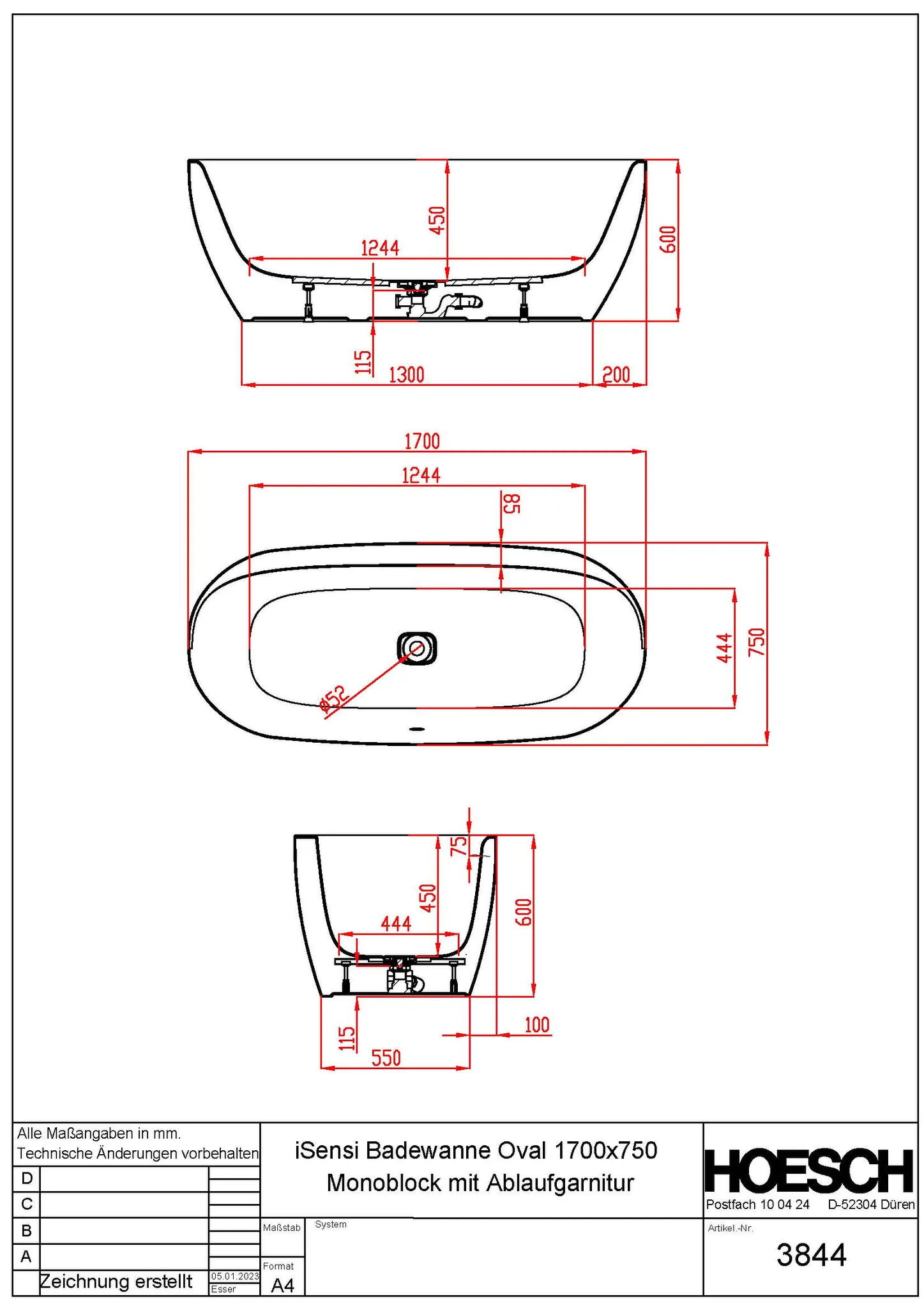 Hoesch Badewanne „iSensi“ Monolith freistehend oval 170 × 75 cm in Weiß-Grau