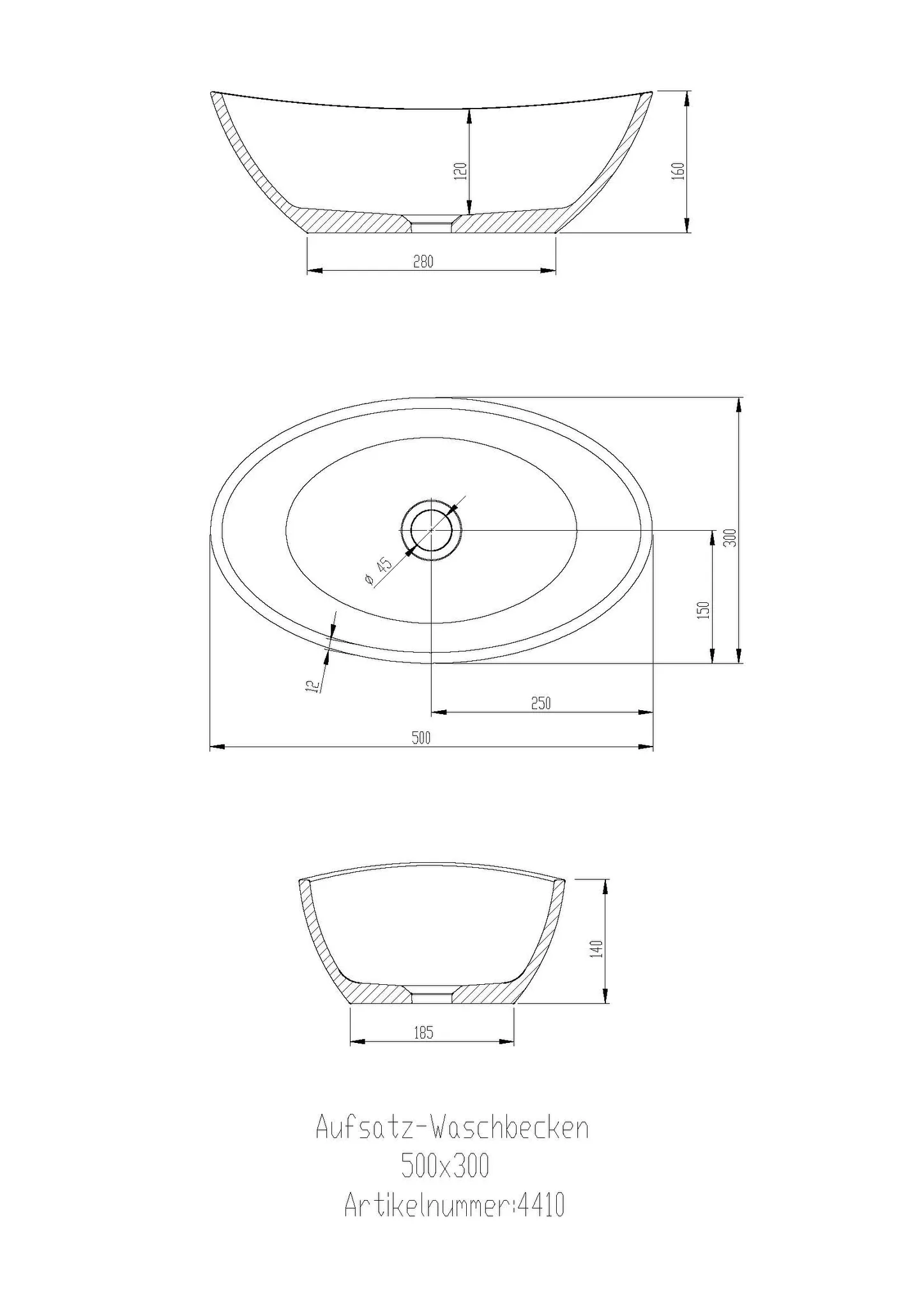 Hoesch Namur Aufsatz-Waschbecken Mineralguss Solique, Weiß, 500x300mm