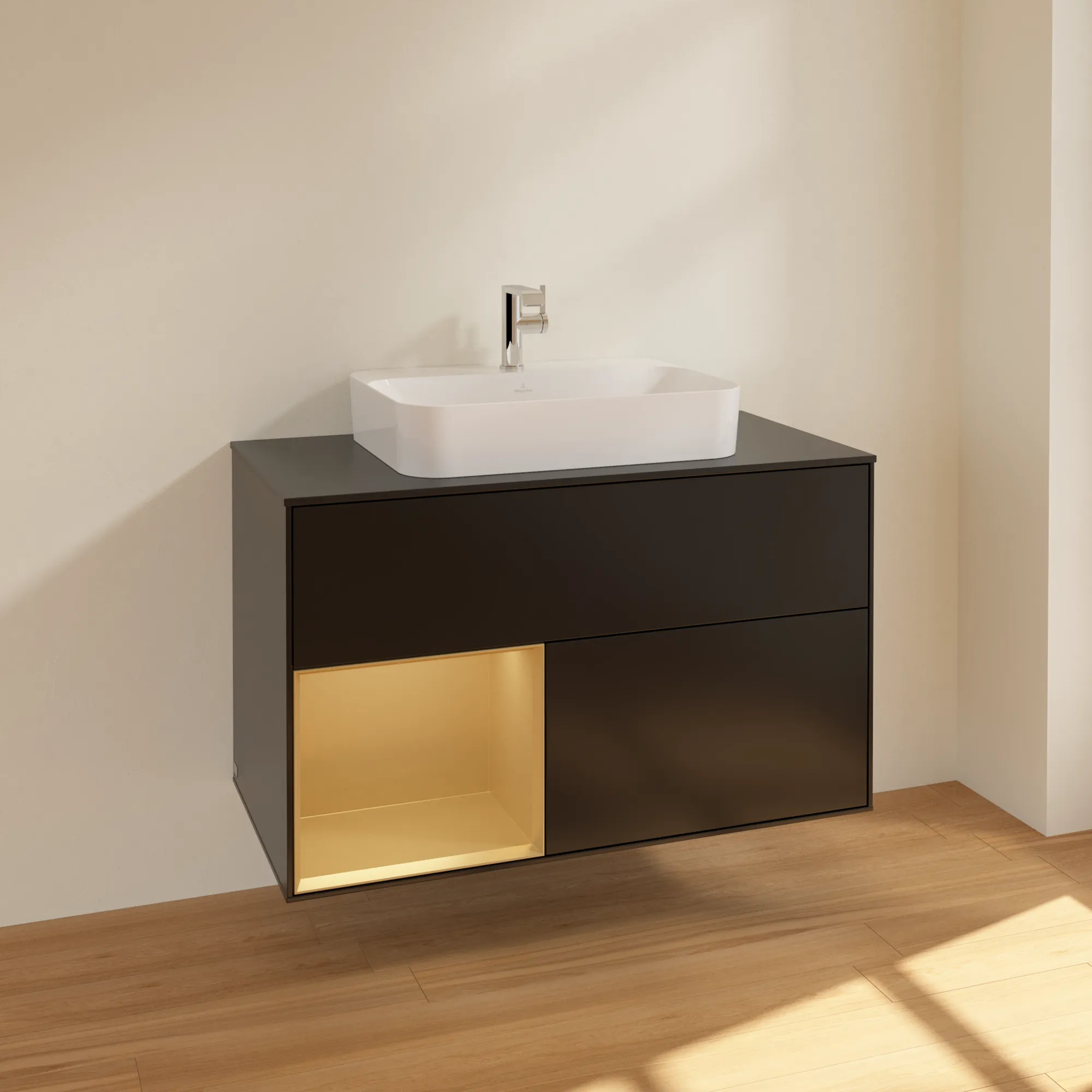 Villeroy & Boch Waschbeckenunterschrank Finion F36, 1000x603x501 mm, Black Matt Lacquer mit Gold Akzenten, mit Beleuchtung und SoftClosing Villeroy & Boch Waschbeckenunterschrank Finion F36, 1000x603x501 mm, Black Matt Lacquer mit Gold Akzenten, mit Beleuchtung und SoftClosing