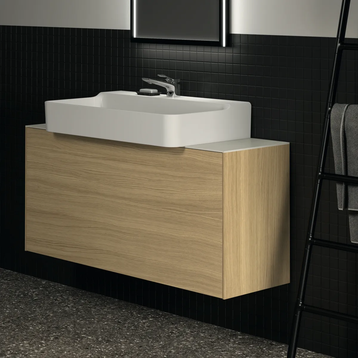 Waschtischplatte Conca, aus Keramik, 1202x373x6mm, Marmor Noir Desir