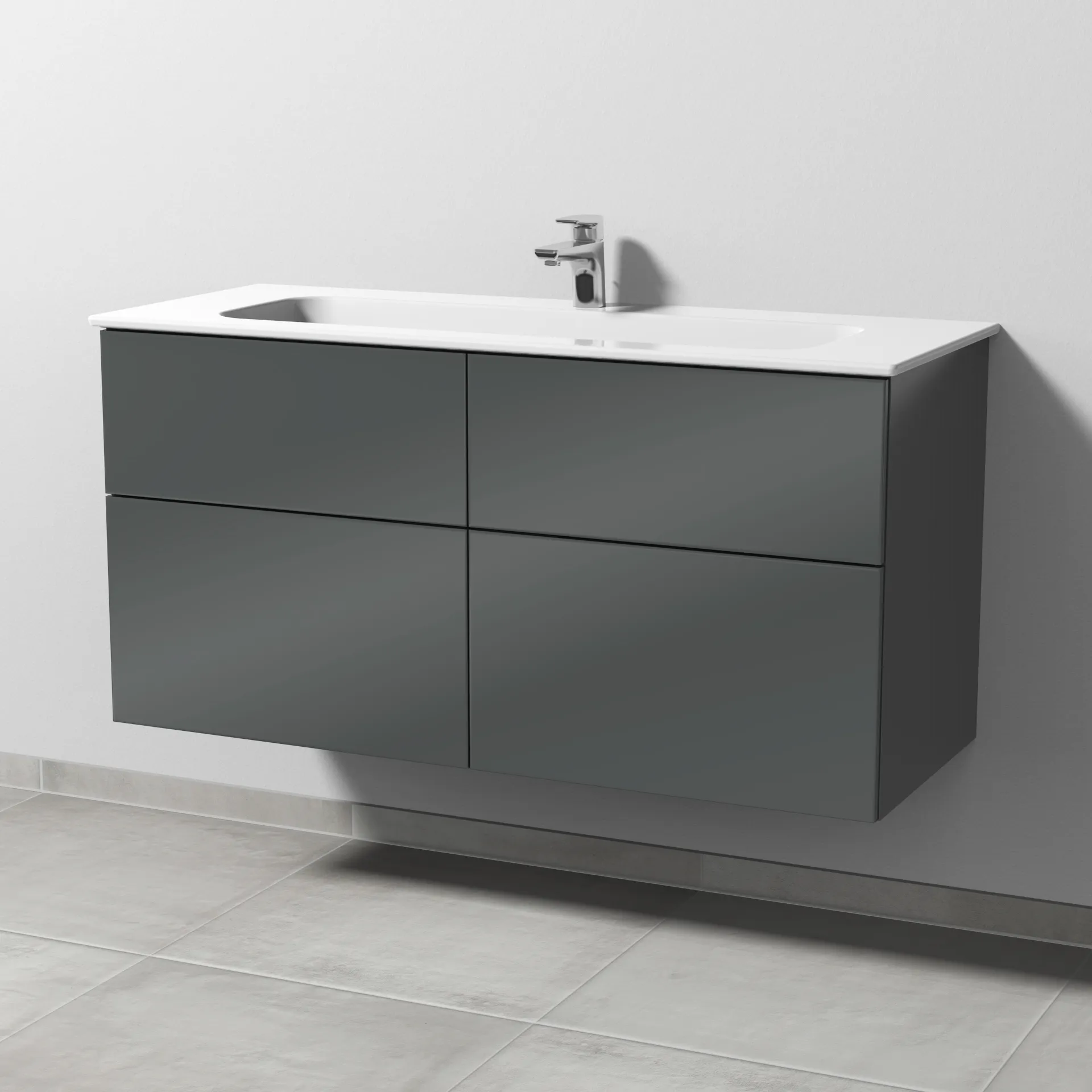 Keramik-Waschtisch-Set mit Waschtischunterschrank „3way“ 117 × 46 × 58,2 cm in Anthrazit (glanz), mit Hahnlochbohrung, Becken mittig