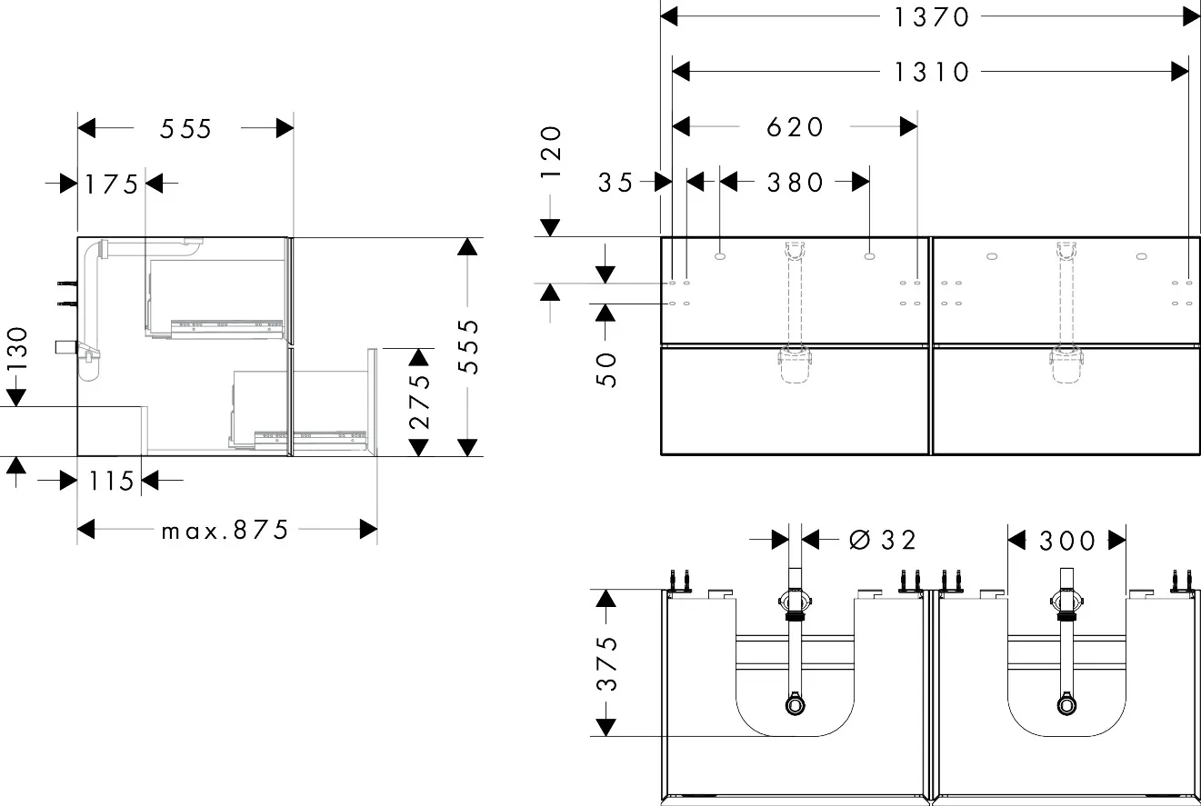 Hansgrohe Xevolos E Waschtischunterschrank Mattweiß 1370⁄550 mit 4 Schubkästen für Konsole mit 2 Ausschnitten, Oberfläche Front: Eiche Dunkel Hansgrohe Xevolos E Waschtischunterschrank Mattweiß 1370⁄550 mit 4 Schubkästen für Konsole mit 2 Ausschnitten, Oberfläche Front: Eiche Dunkel