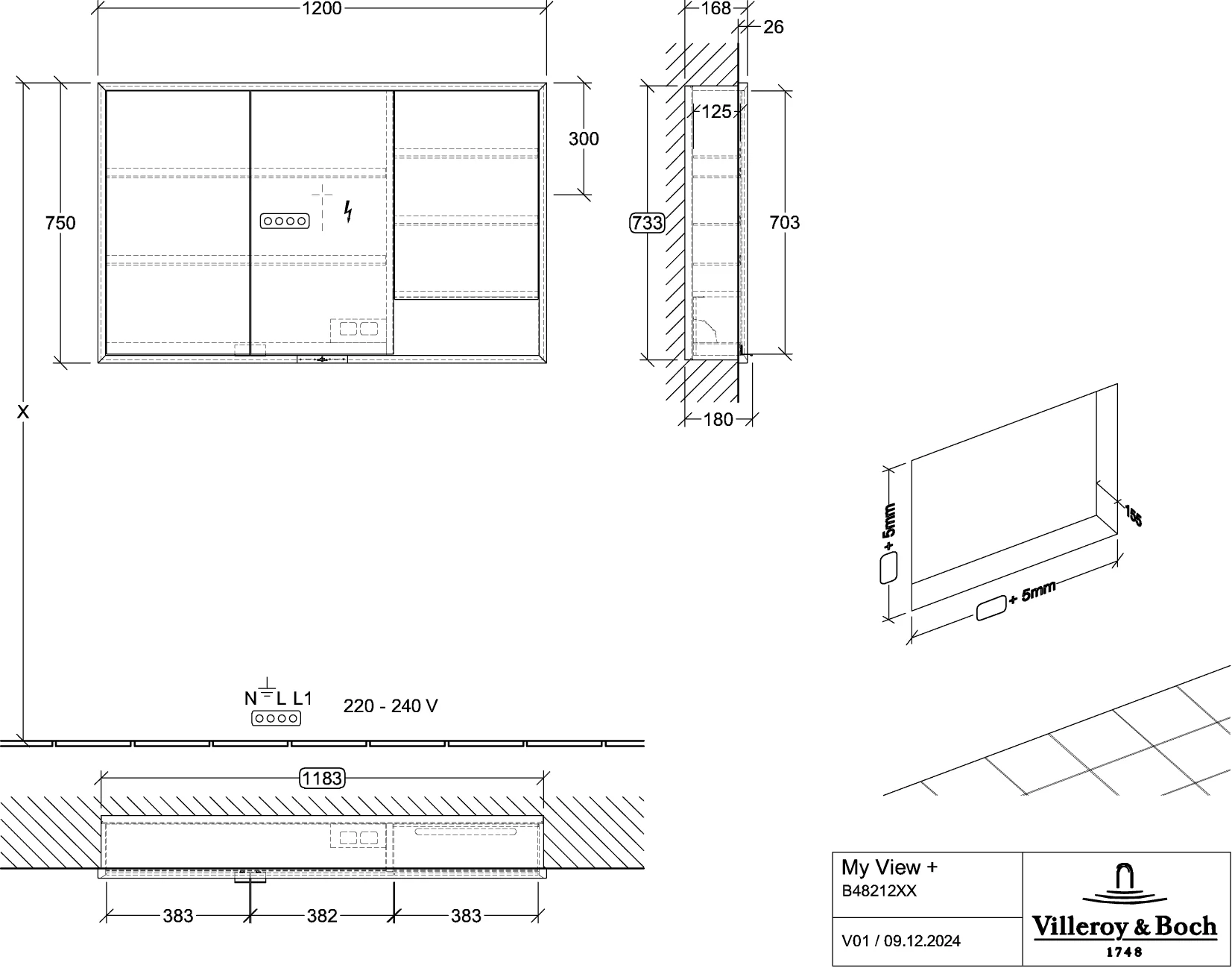 Villeroy & Boch Einbau-Spiegelschrank My View+ B48212, 1200 x 750 x 167 mm, Brilliant White Villeroy & Boch Einbau-Spiegelschrank My View+ B48212, 1200 x 750 x 167 mm, Brilliant White