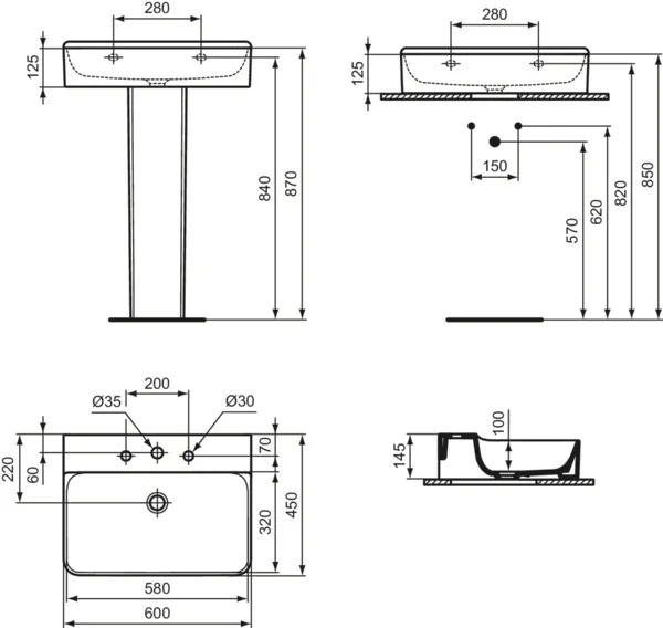 Ideal Standard Conca Waschtisch, 3 Hahnlöcher, geschliffen, weiß (Alpin), 600x450x145 mm