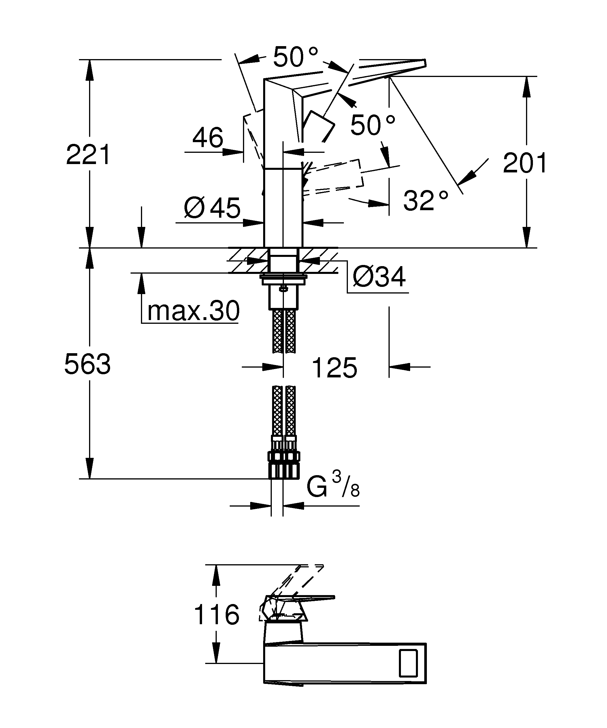 Einhand-Waschtischbatterie Allure Brilliant 24345, L-Size, Einlochmontage, glatter Körper, chrom