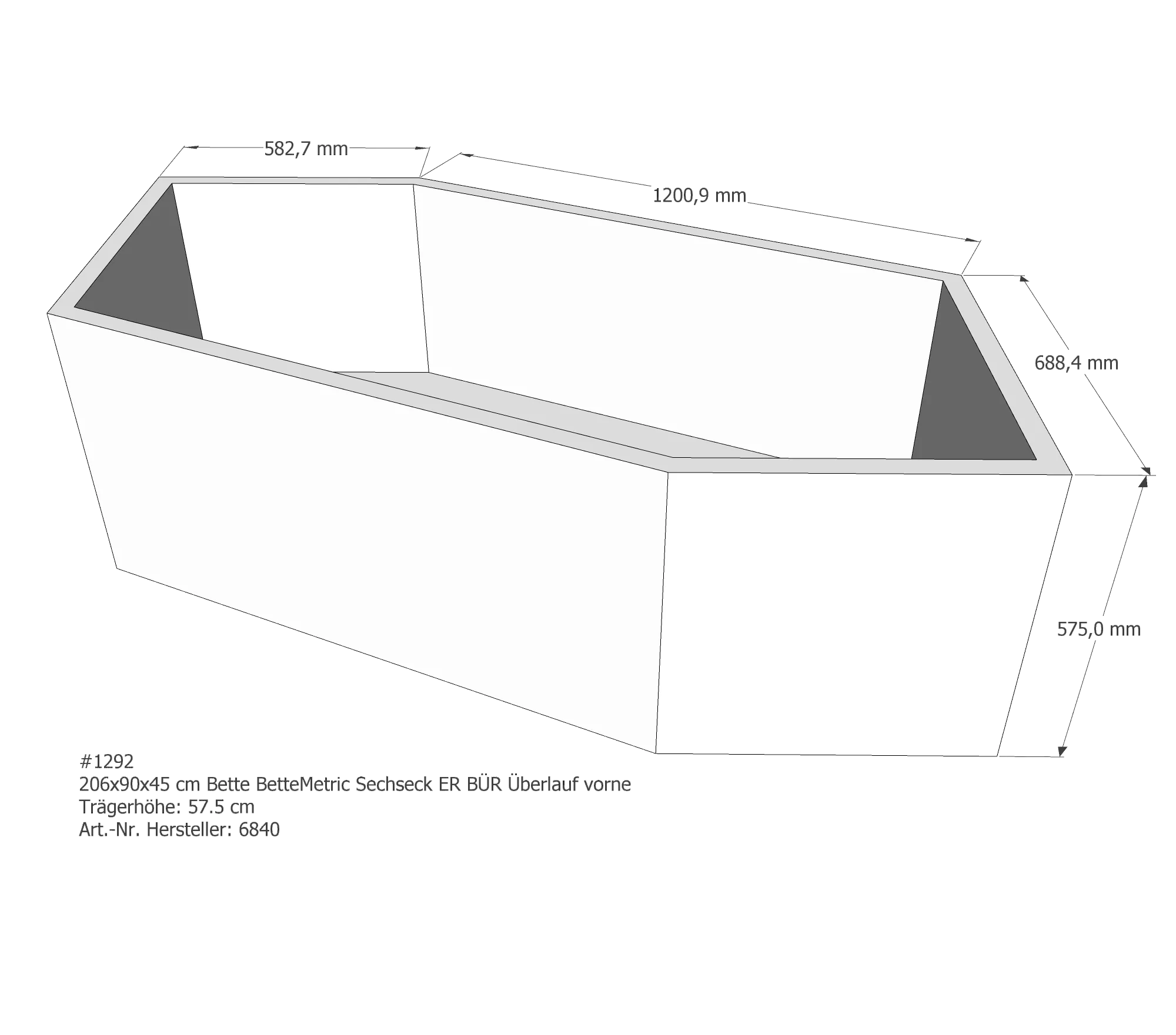 Badewannenträger für Bette Metric 206 × 90 × 45 cm Ausführung: rechts