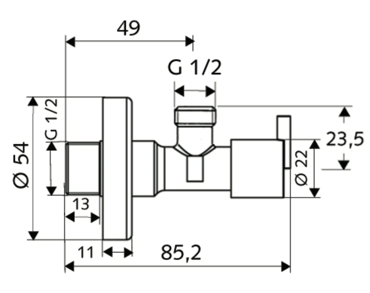 Eckventil mit Regulierfunktion PINT, Design-Griff, Schubrosette Ø 54 mm, DN 15 G 1/2 AG, DN 15 G 1/2 AG, chrom