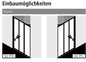 Kermi Duschtür Pendeltür mit Festfeld rechts für Nische und Ecke „NOVA 2000“ Profile Silber Mattglanz, BV: 1265 - 1300 mm WE: 1265 - 1300 mm H: 2000 mm