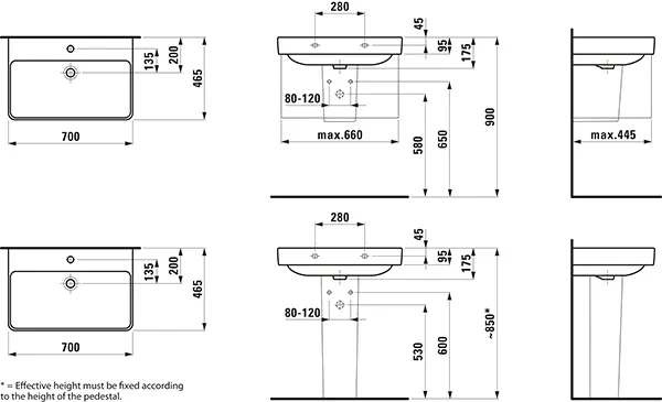 Waschtisch PRO S 465x700x175 1 Hahnloch mit Überlauf weiß