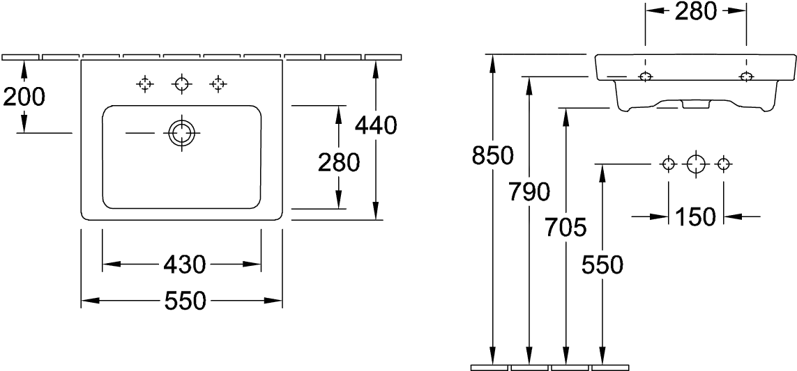 Wandwaschtisch für Montage mit Möbel „Subway 2.0“ 55 × 44 × 14,5 cm, mit Hahnlochbohrung, Hahnlochposition mittig, mit Hahnlochbank