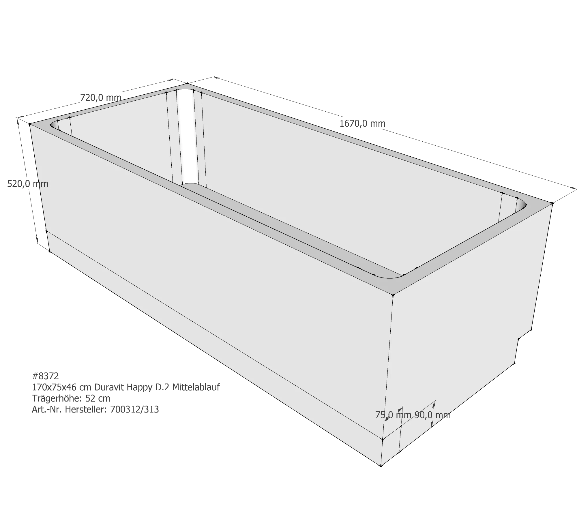Badewannenträger für Duravit Happy D.2 170 × 75 × 46 cm