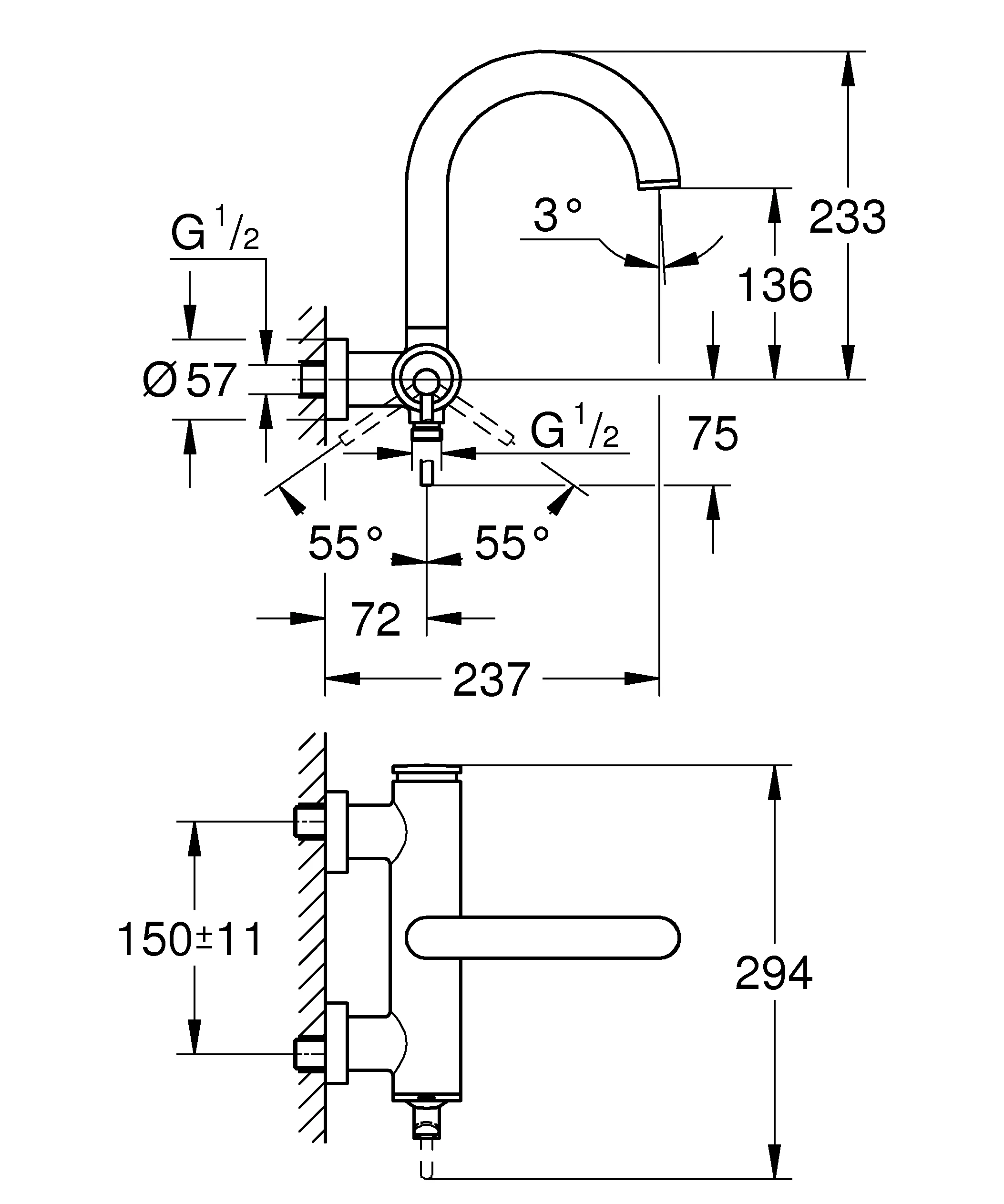 Einhand-Wannenbatterie Atrio 24367, Wandmontage, eigensicher, chrom