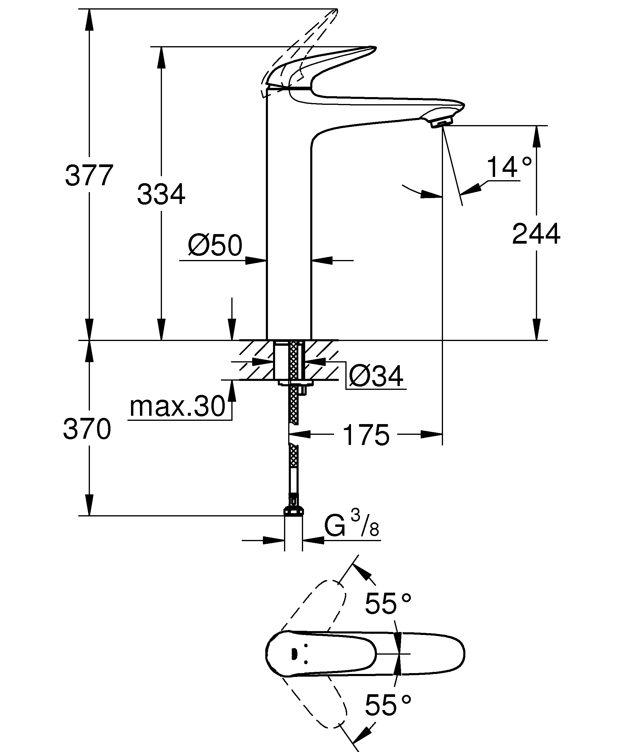 Einhand-Waschtischbatterie Eurostyle 23719_3, XL-Size, Einlochmontage, geschlossener Metall-Hebelgriff, für freistehende Waschschüsseln, glatter Körper, chrom