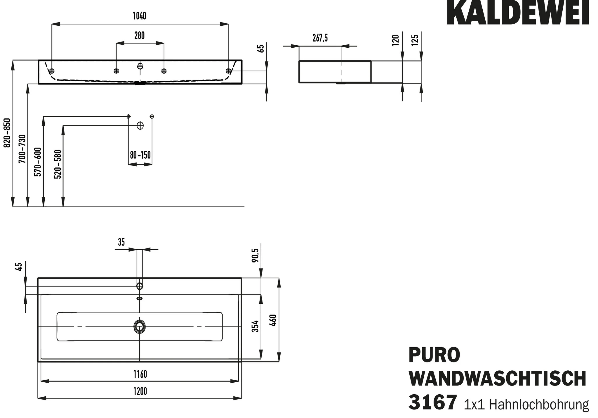 Kaldewei PURO Wandwaschtisch, 1200x460 mm, schwarz matt 100, mit 1er Hahnlochbohrung und Überlauf Kaldewei PURO Wandwaschtisch, 1200x460 mm, schwarz matt 100, mit 1er Hahnlochbohrung und Überlauf