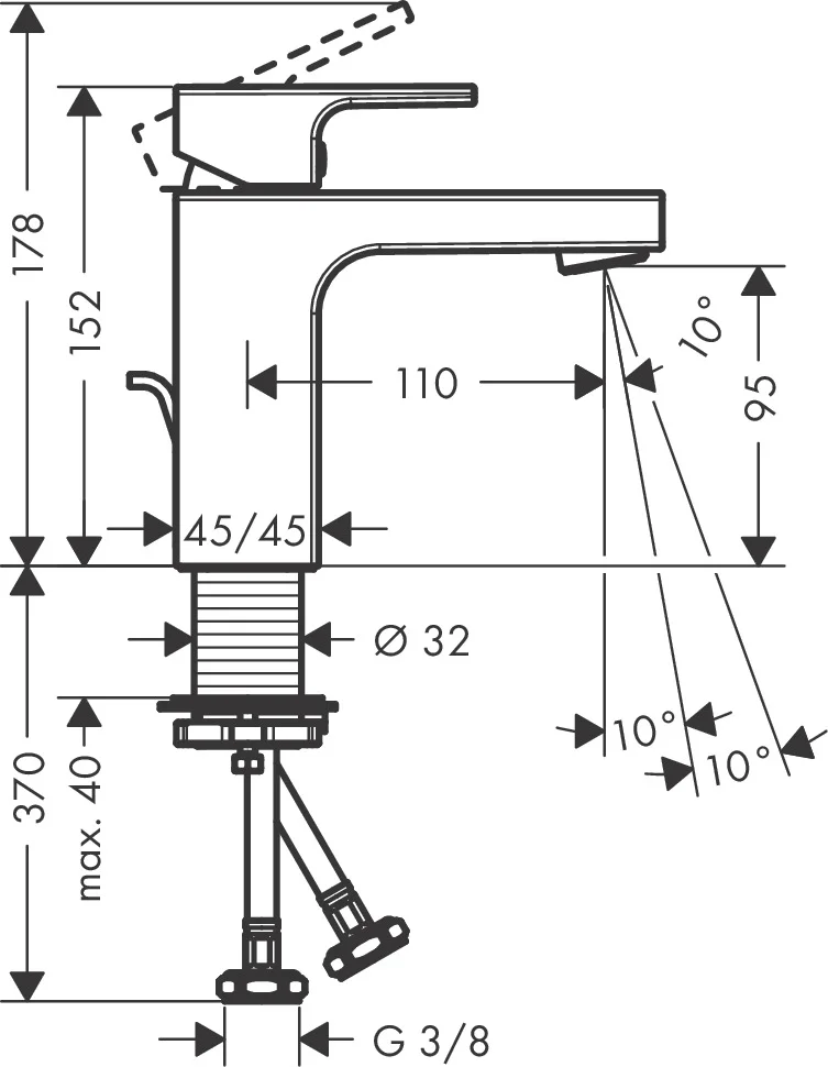 Hansgrohe Vernis Shape Einhebel-Waschtischmischer Chrom, Ausladung 110 mm, Auslaufhöhe 95 mm, Hebelgriff, Normalstrahl, max. Durchfluss 5 l/min