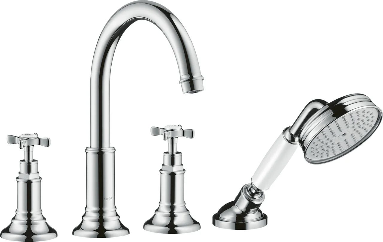 Hansgrohe AXOR Montreux 4-Loch Wannenrandarmatur mit Kreuzgriffen in Chrom, Ausladung 196 mm, RainAir-Handbrause, max. Durchfluss 20,5 l/min