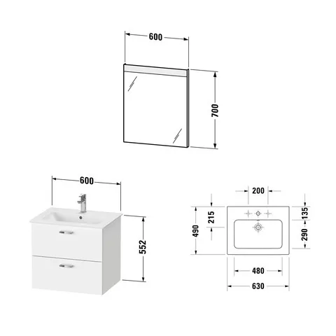 Duravit Waschtischunterschrank mit Waschtischunterbau und Spiegel „XBase“ 63 × 200 × 49 cm in Weiß Glänzend