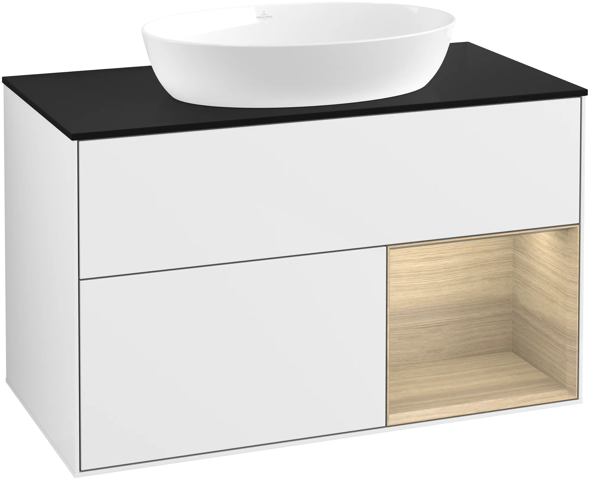 Villeroy & Boch Finion FA2 Waschbeckenunterschrank, 1000 x 603 x 501 mm, Glossy White Lacquer / Oak Veneer / Glass Black Matt Villeroy & Boch Finion FA2 Waschbeckenunterschrank, 1000 x 603 x 501 mm, Glossy White Lacquer / Oak Veneer / Glass Black Matt