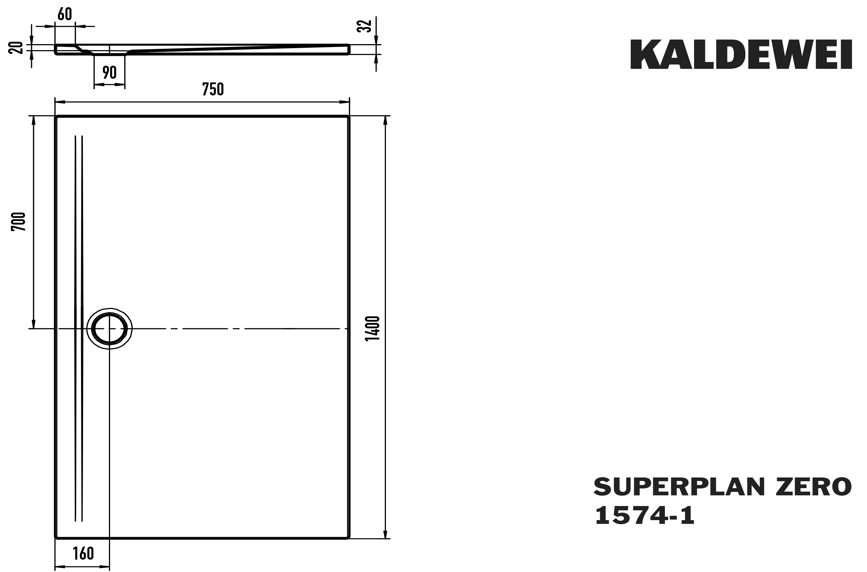 Kaldewei rechteck Duschwanne „Superplan Zero“ 75 × 140 cm ohne Oberflächenveredelung, in alpinweiß