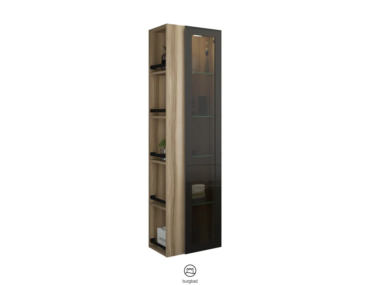 Hochschrank, 1 Alurahmentür mit Rauchglaseinsatz in Bronze;4 Glaseinlegeböden;LED-Innenbeleuchtung, 5 W, 4000 K;Energieeffizienzklasse F;für Raumschaltung;offenes Regal mit 4 Einlegeböden;IP20, Tiefe: 320 mm, Breite: 500 mm, Höhe: 1760 mm