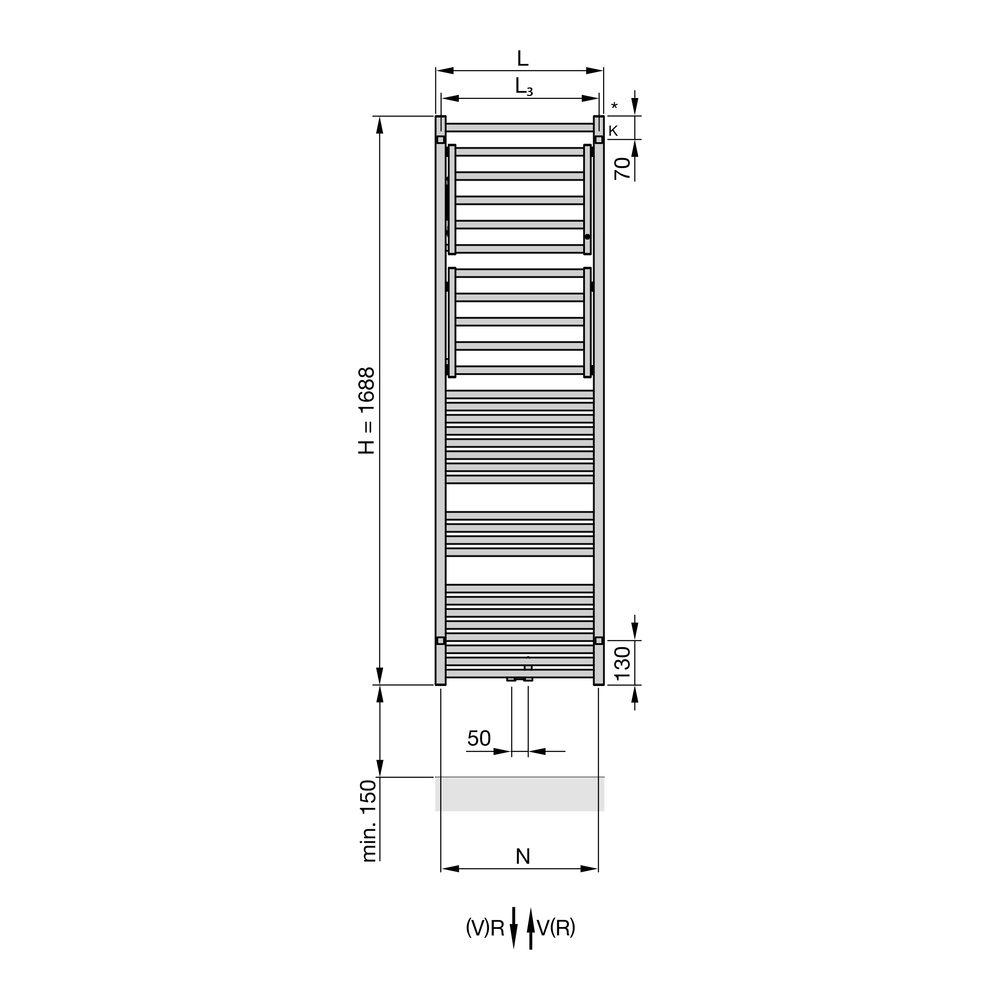 Zehnder Design-Heizkörper „Zeno Wing“ für Warmwasser-Zentralheizung oder gemischten Betrieb mit 50 mm-Mittelanschluss 50 × 168,8 cm