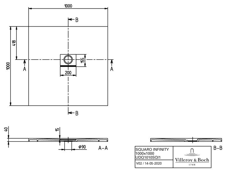 Villeroy & Boch quadrat Duschwanne „Squaro Infinity“ 100 × 100 cm in Stone White