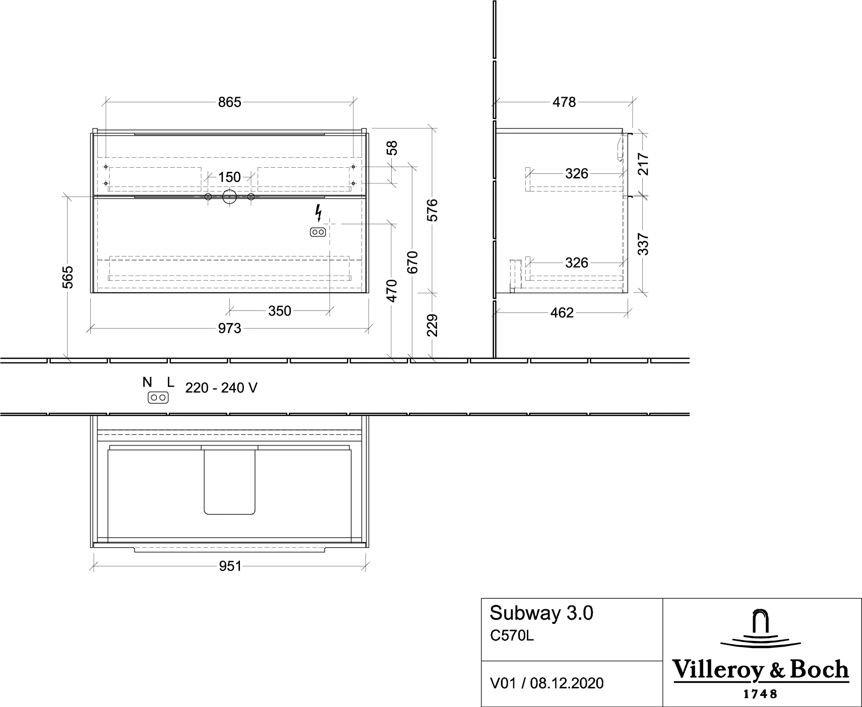 Villeroy & Boch Subway 3.0 Waschbeckenunterschrank C570L0, 973 x 576 x 478 mm, mit Beleuchtung