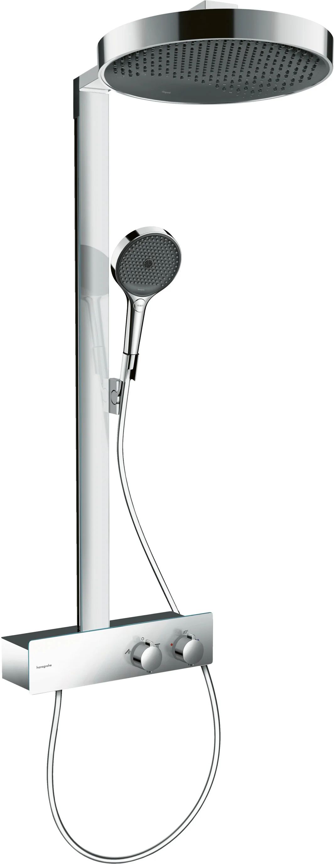 Hansgrohe Rainfinity Showerpipe 360 1jet mit Kopfbrause und Handbrause in Chrom, Brausekopfgröße 360 mm, PowderRain Strahlart, Durchflussmenge ab 12,1 l/min, Aufputzinstallation, DN15 Anschluss