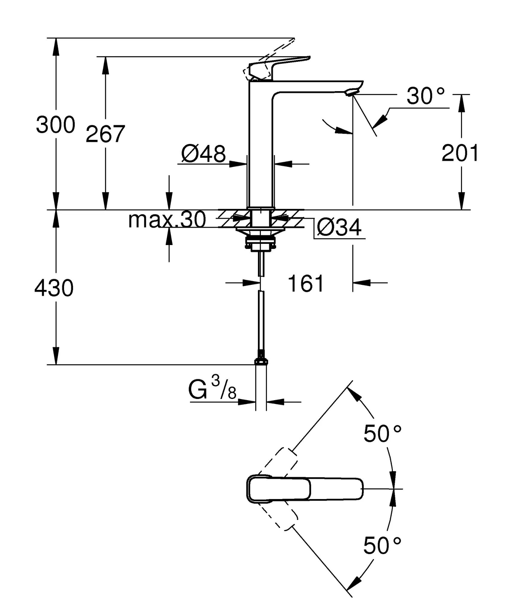 Einhand-Waschtischbatterie Cubeo 101729, XL-Size, glatter Körper, für freistehende Waschschüsseln